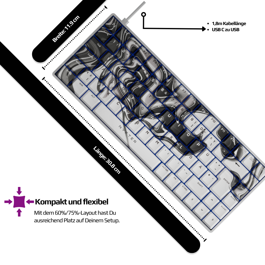 Nyfboard Gen2 75 % noir avec touches à sublimation PBT liquide noir blanc