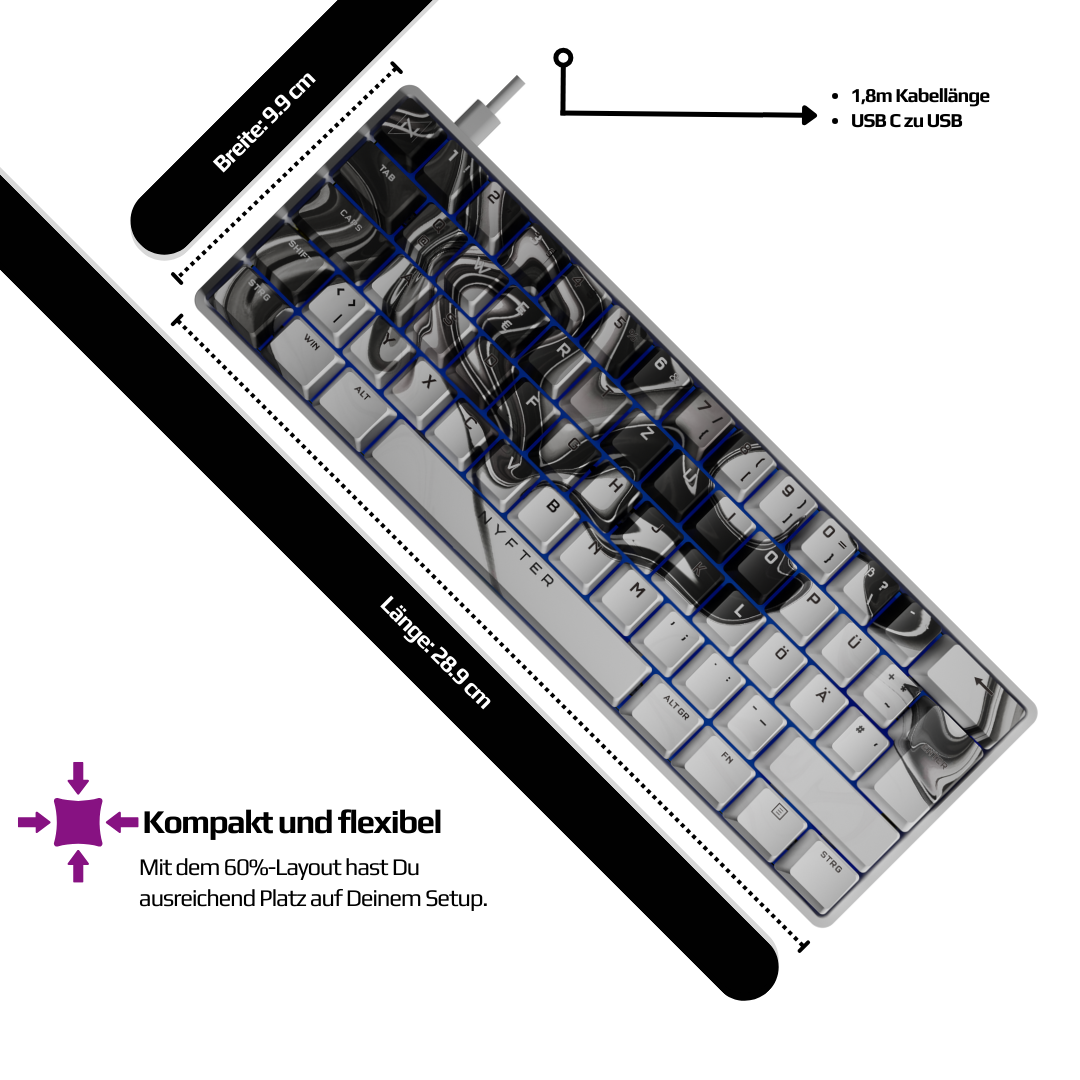 Nyfboard Gen2 60% Black mit PBT Sublimation Keycaps Liquid BlackWhite